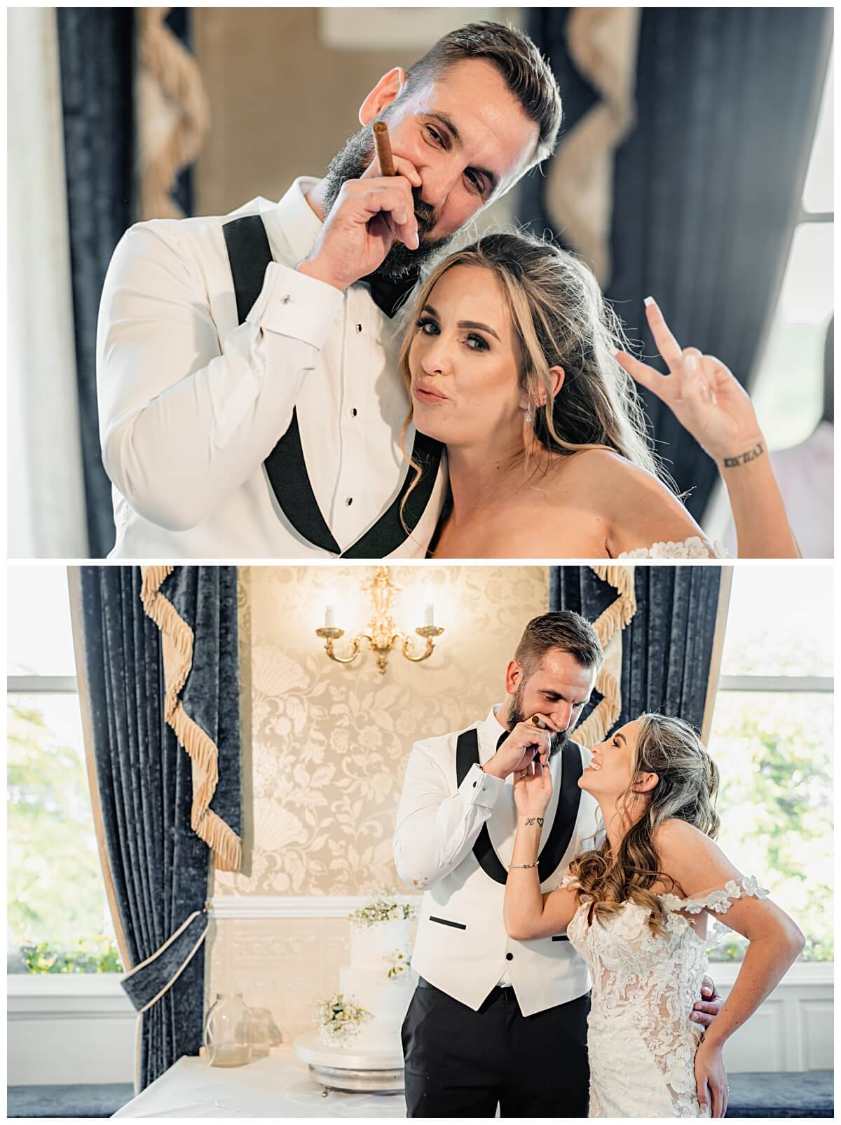 Playful couple moments of the bride and groom during their wedding day