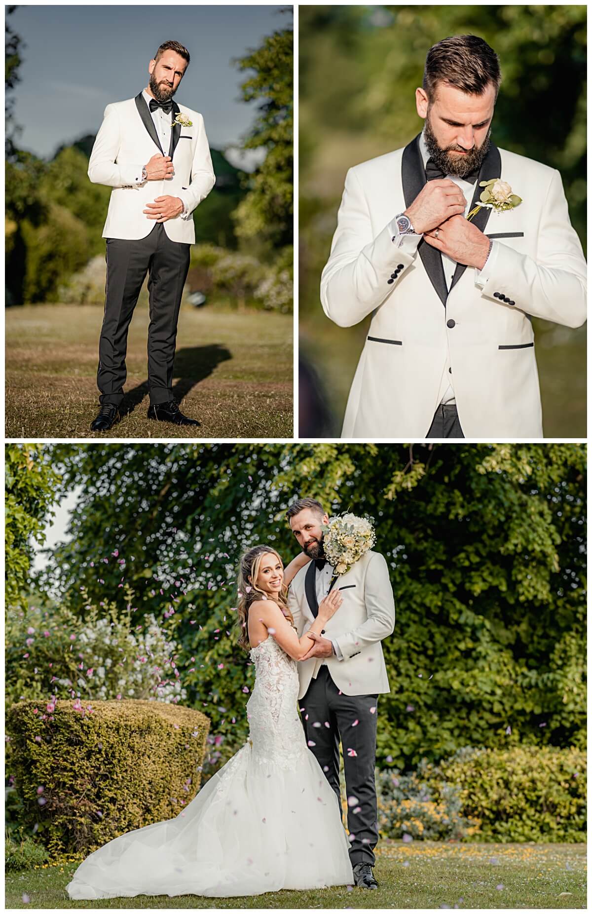 Groom adjusting jacket outdoors before the ceremony