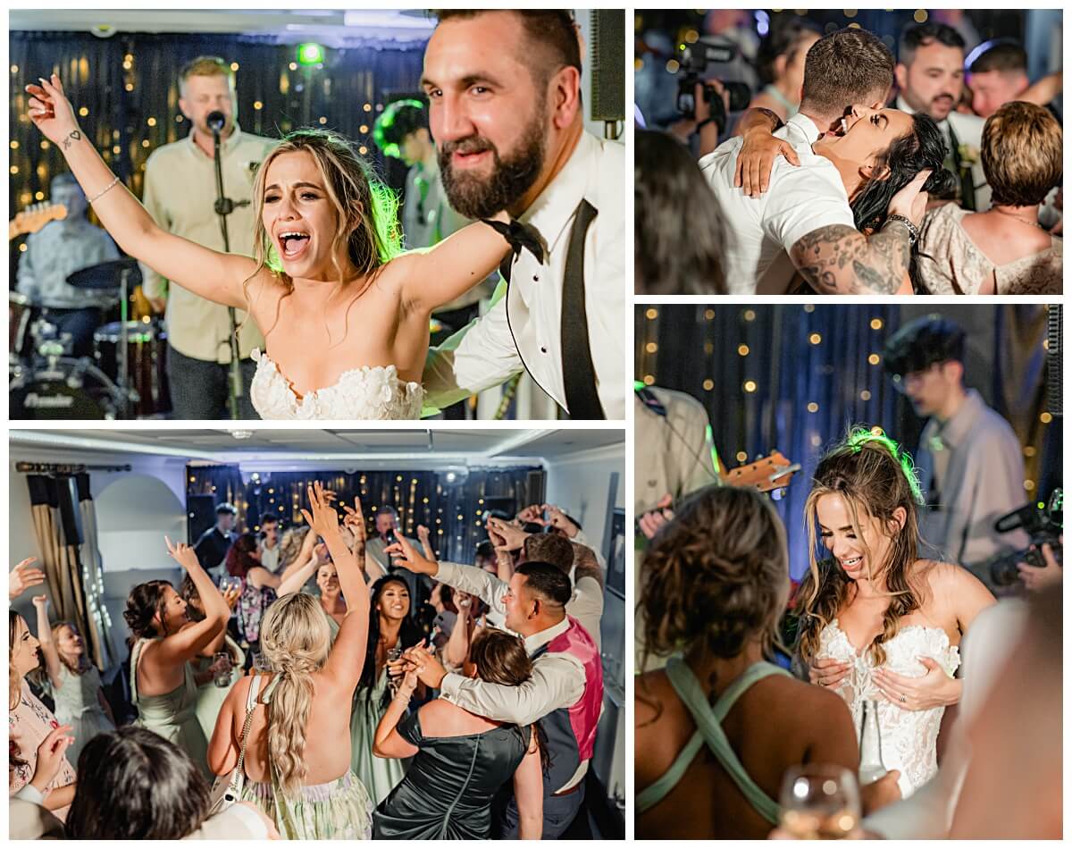 Lively wedding reception dancing with guests celebrating