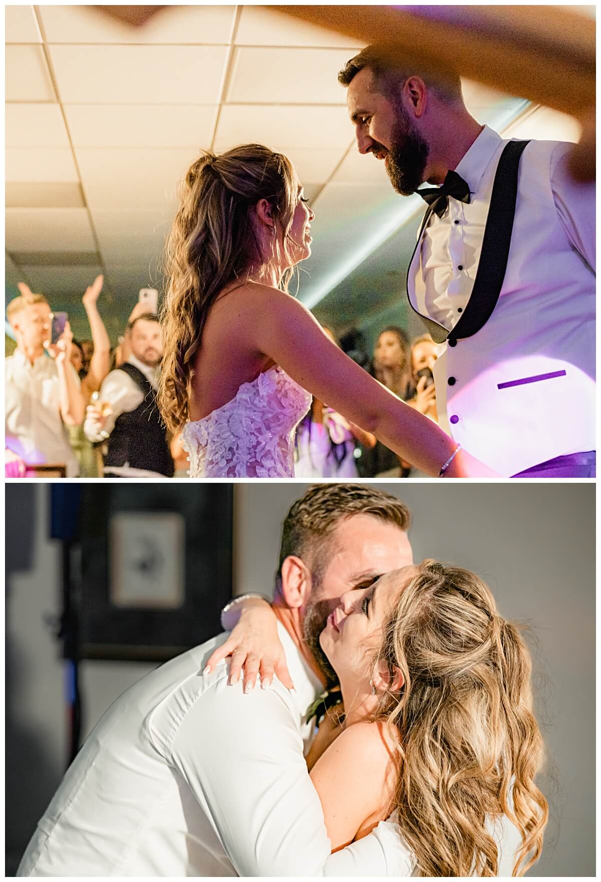 Couple dancing and sharing a kiss during the evening reception