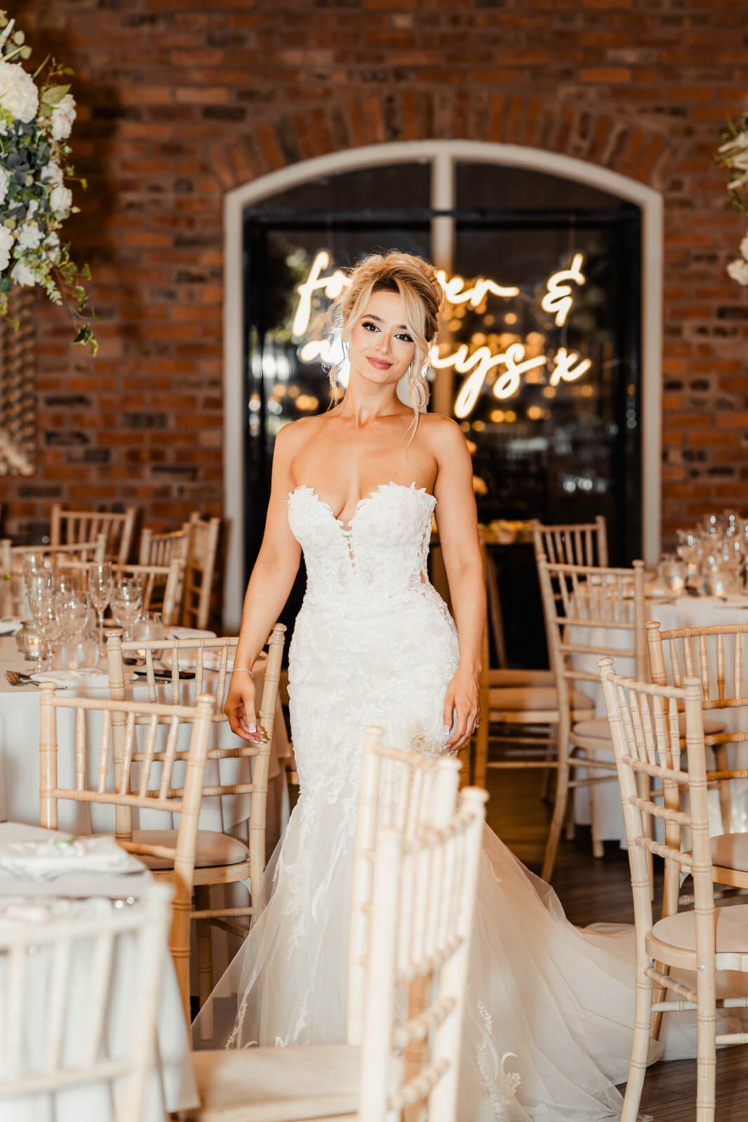 Bride walking through reception space during Elegant Wedding at Colshaw Hall Country Estate
