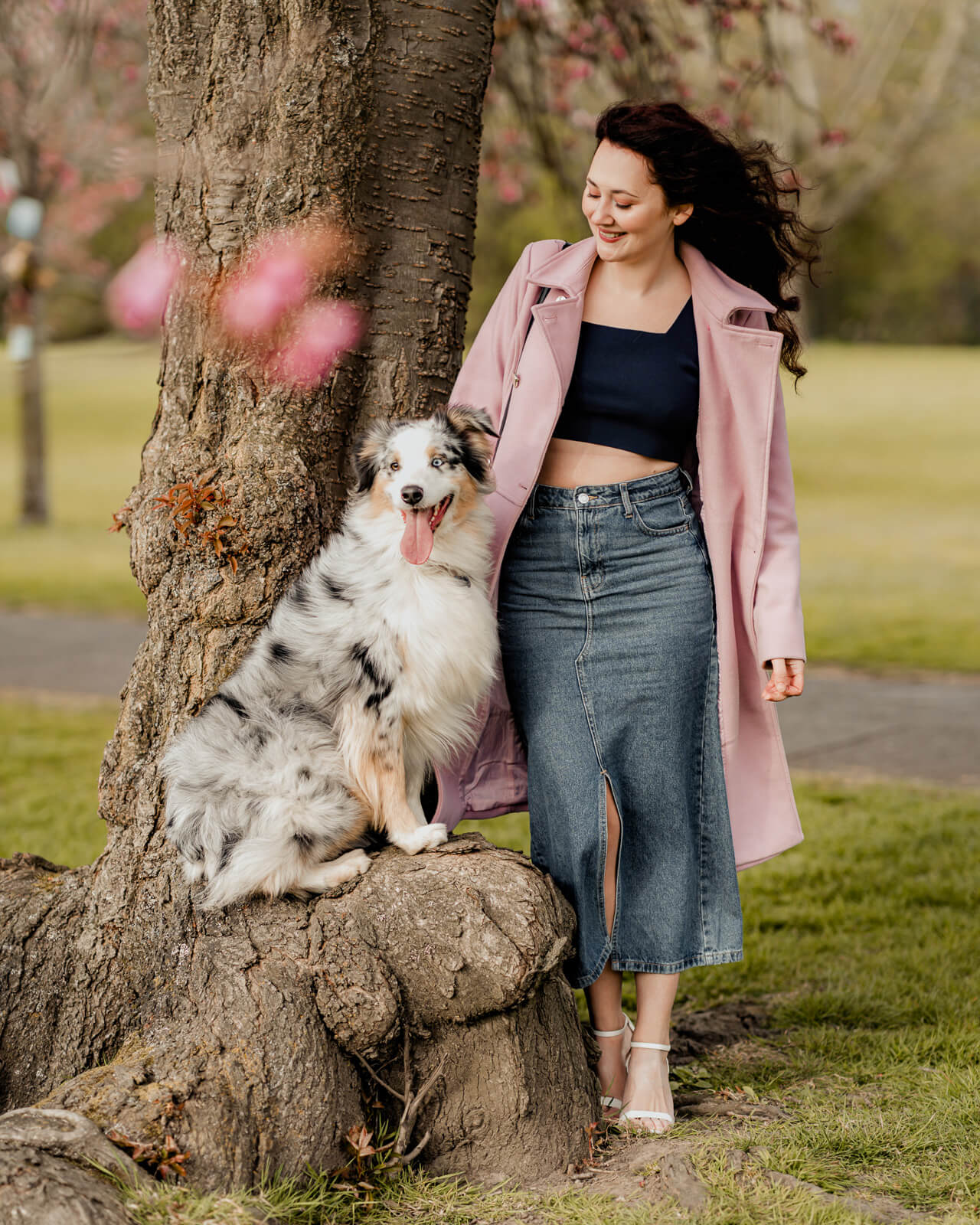 Woman standing beside a tree with her dog under cherry blossoms in Harrogate during spring