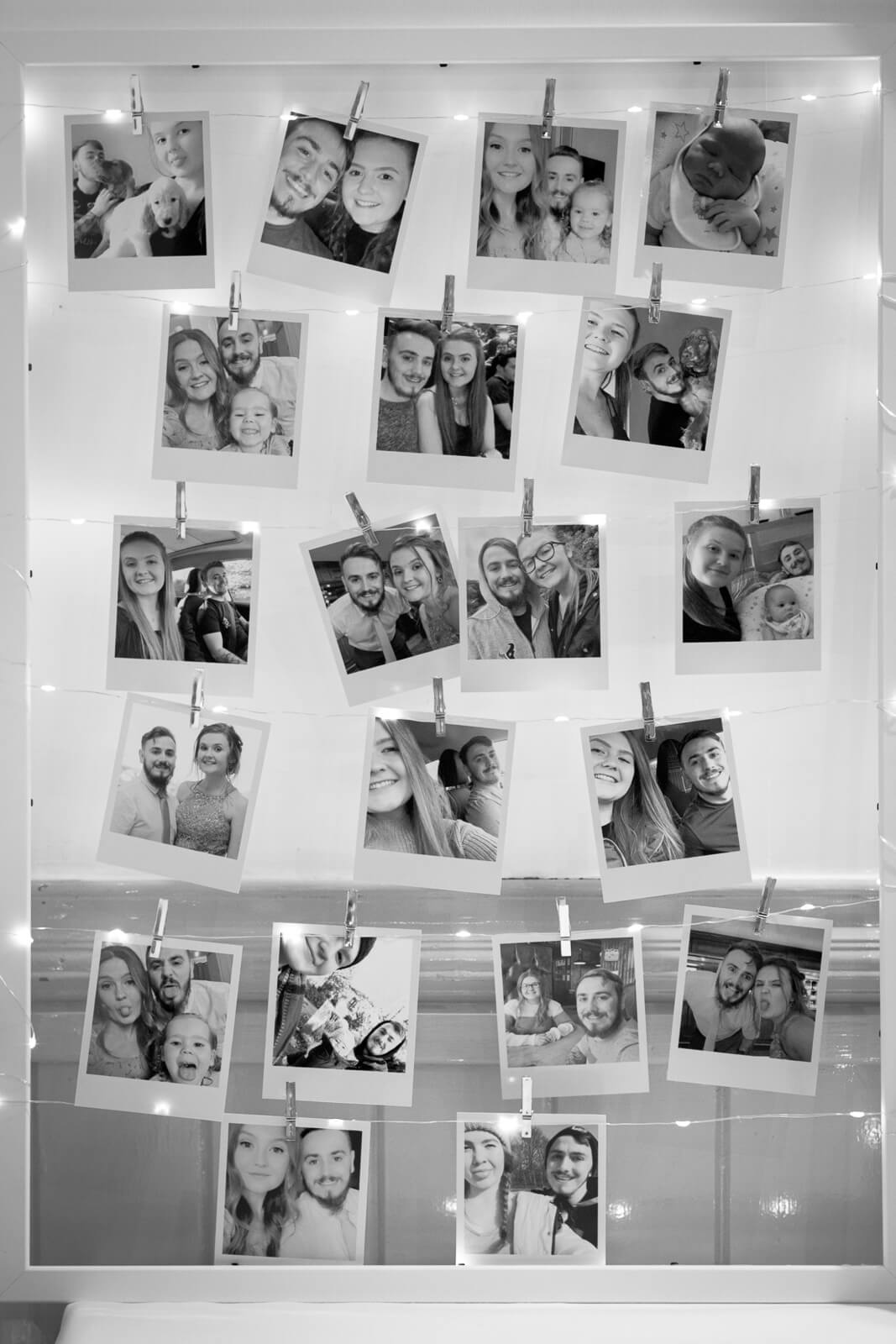 Polaroid photo display of couple’s memories at Chevin Country Park wedding