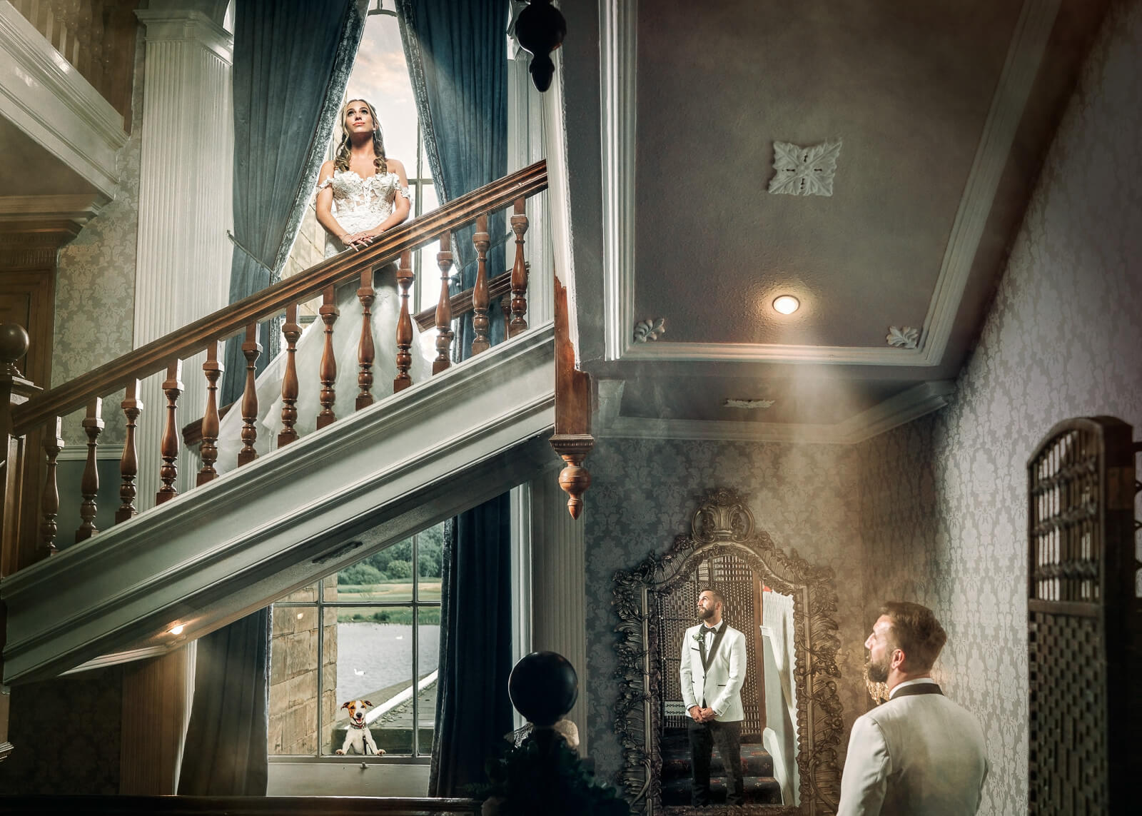 creative wedding moment with bride, groom, and window light storytelling