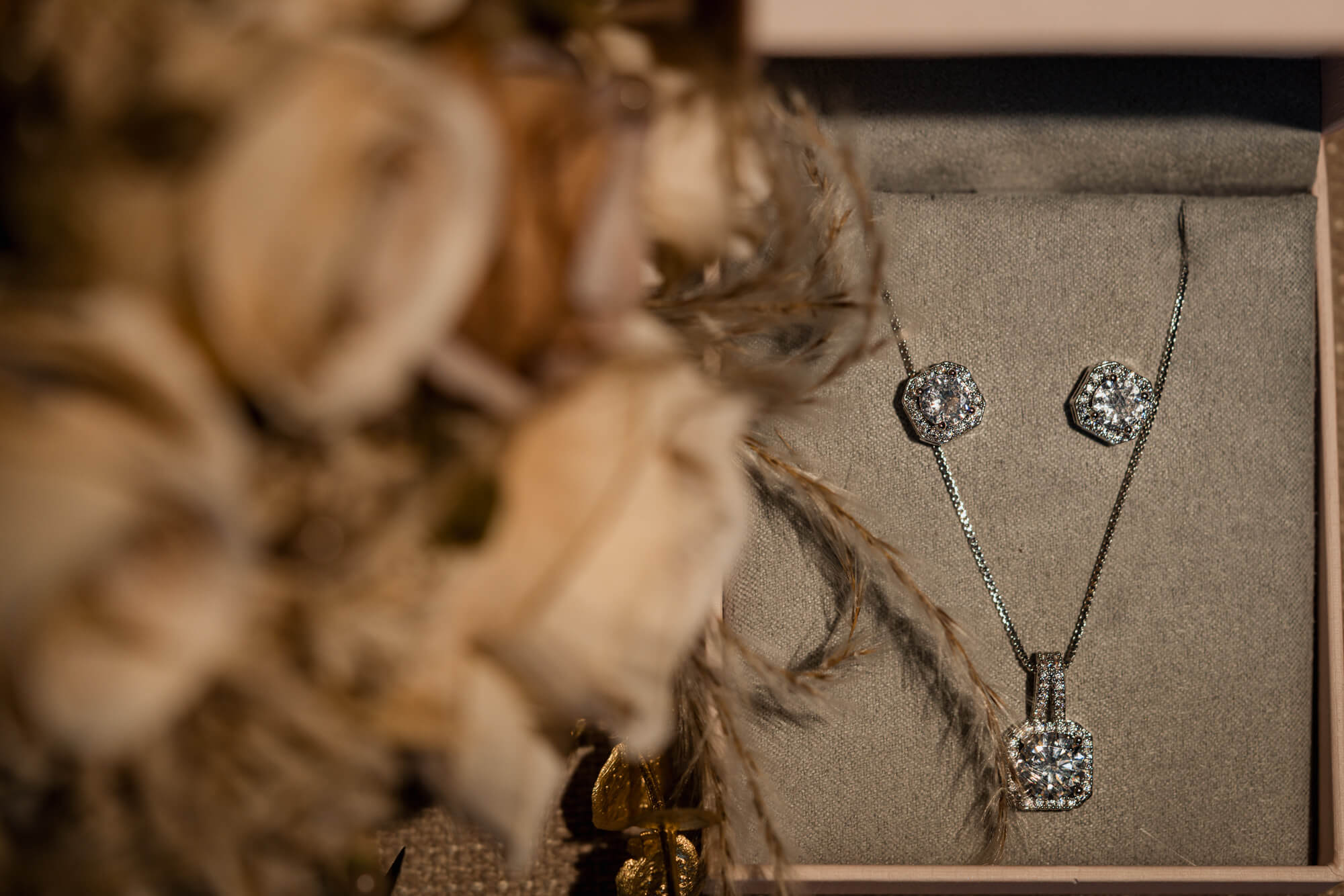 Bridal jewellery photographed before a Hazlewood Castle wedding.