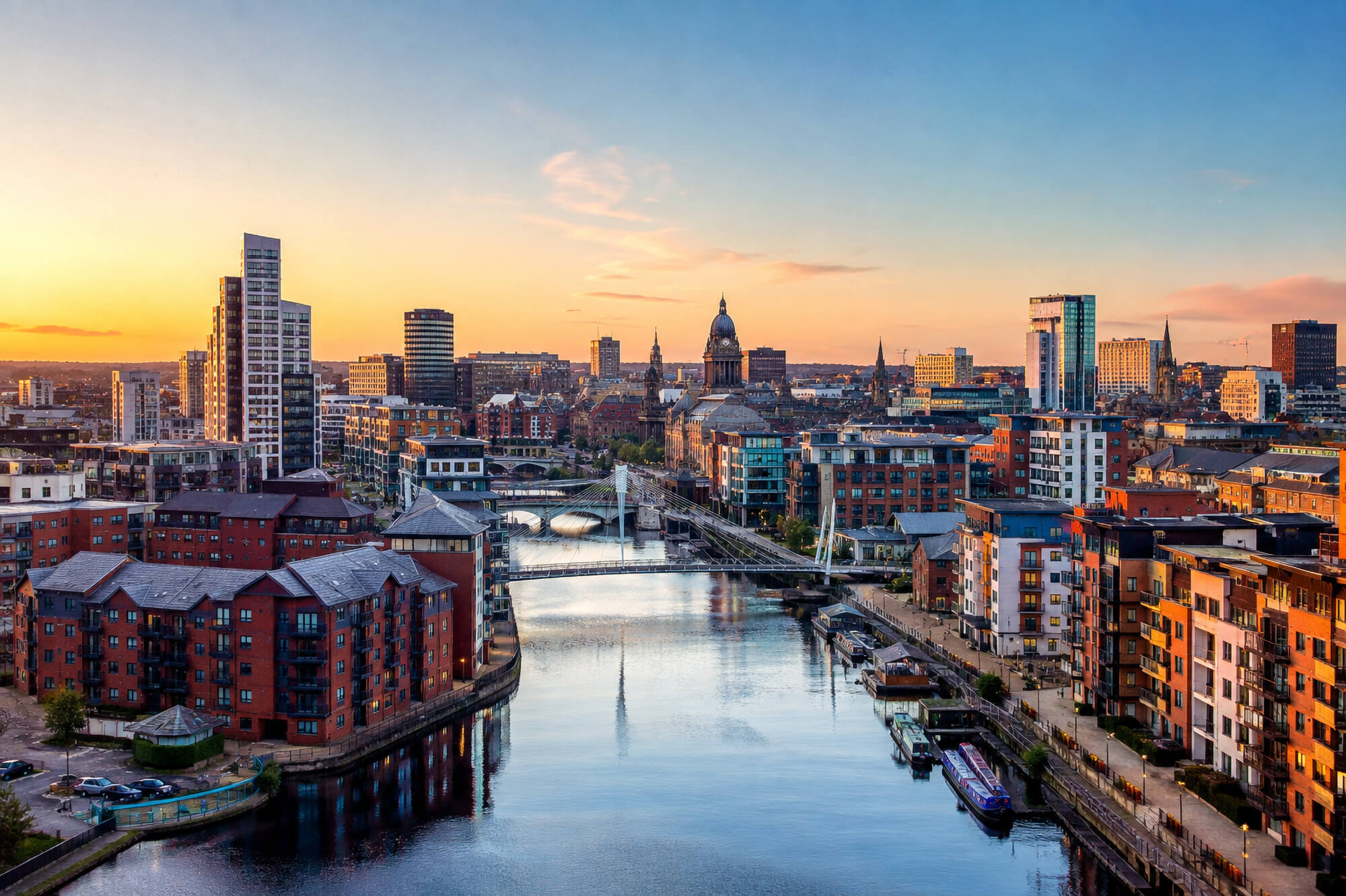 Panoramic sunset view of Leeds city centre with the River Aire, Leeds Dock and skyline at golden hour.