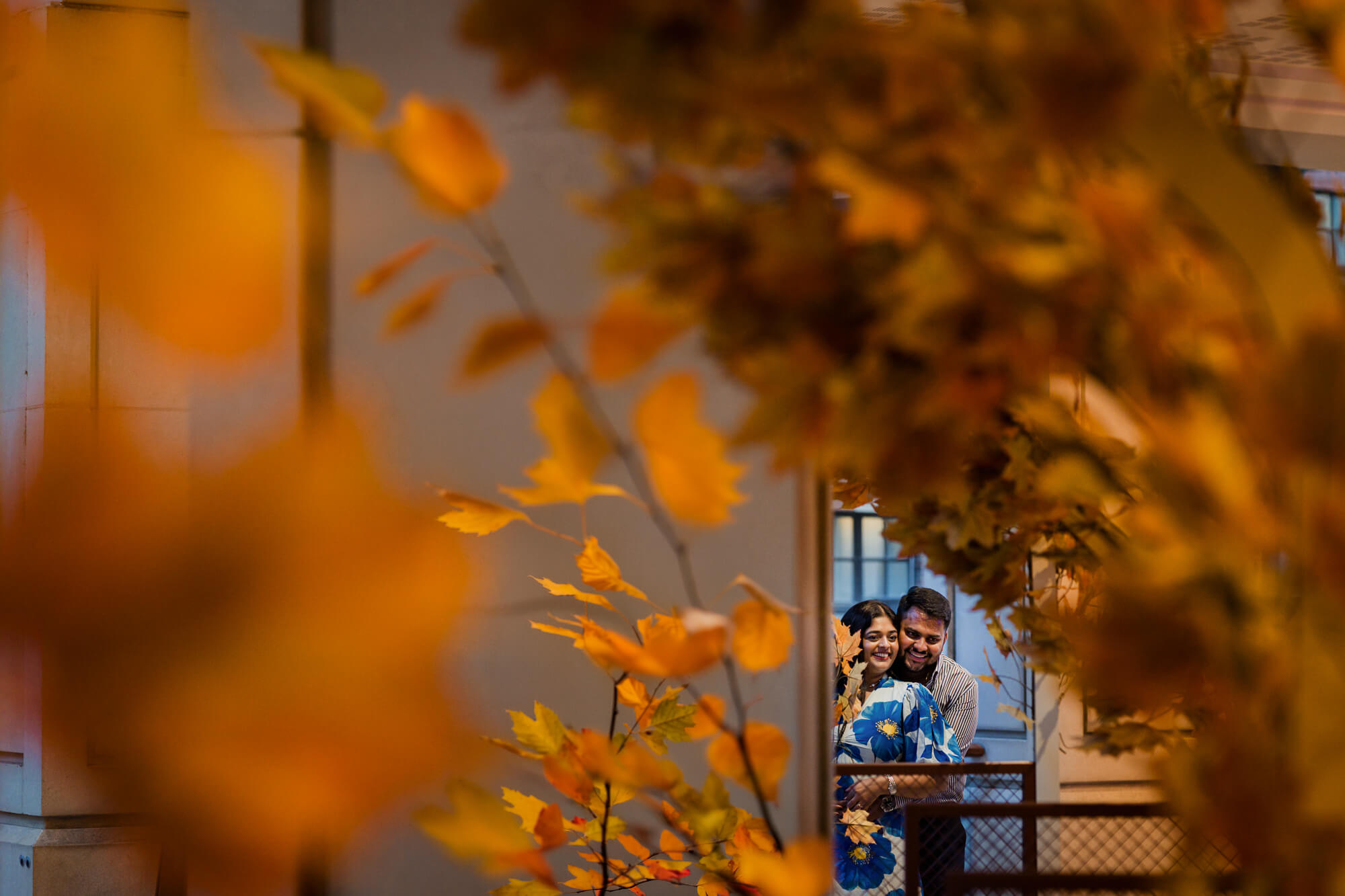 Creative portrait of an engaged couple framed through autumn leaves in Leeds.