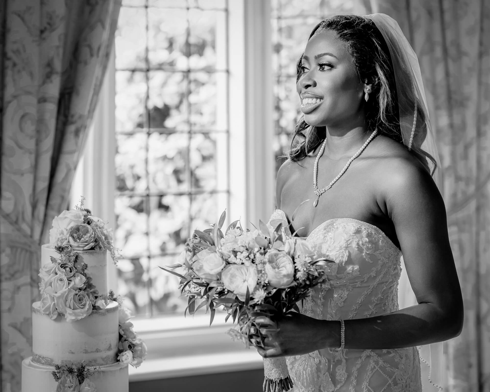 Soft black and white bridal portrait using natural window light