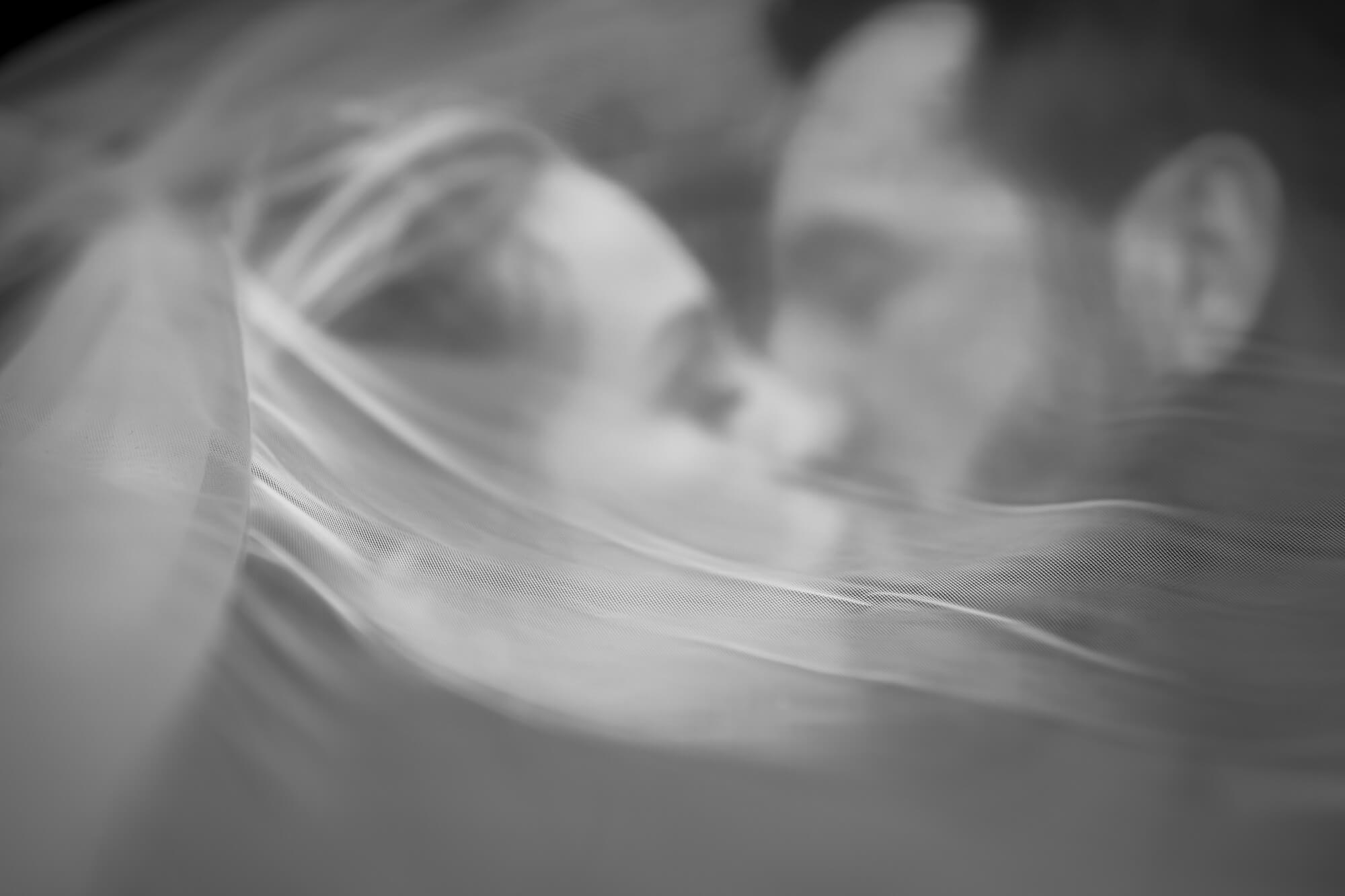 Artistic black and white bridal photograph through a wedding veil